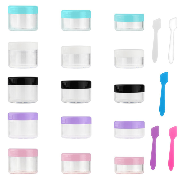 Accmor 15 Pcs Empty Clear Jars, Plastic Sample Containers with Lids, 0.35/0.53/0.7 OZ Size Cosmetic Pots Jars with 5 Pieces Mini Disposable Spatulas,