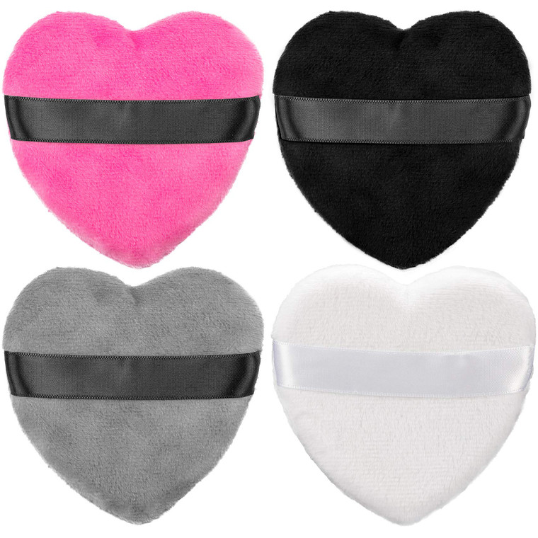 OIIKI 4PCS Makeup Puffs, Polyester Powder Puff, Makeup Tool Sponges Blender Cleanser, in Love Shape with Strap, for Cosmetic (Gray+White+Rose+Black)