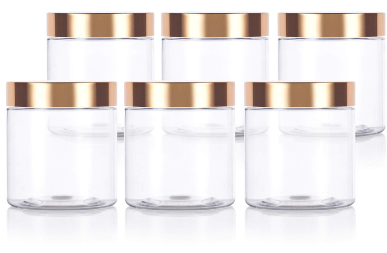 (6 Pack) 8 oz Clear PET Plastic Jar with Luxury Gold Metal Overshell Lid Refillable Storage Airtight
