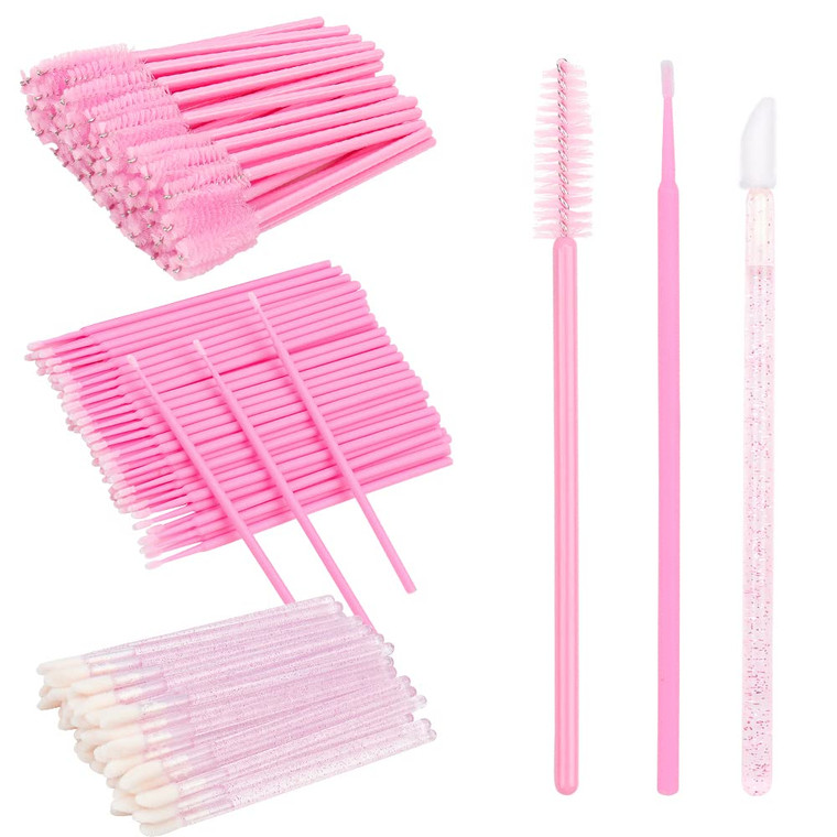 300 PCS Eyelash Extension Supplies Kit Disposable Micro Swab Brush Eyebrow Spoolies Lip Stick Brush Mascara Wand Applicator Makeup Brush Tool (Pink S