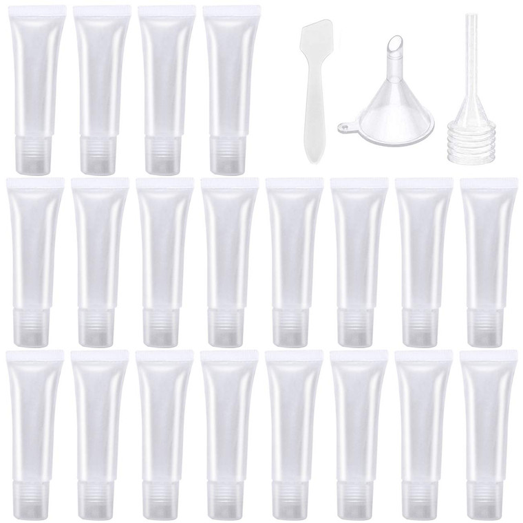 AYWFEY 20 Pcs 8 ml Empty Lip Gloss Tubes + Plastic Funnels + Pipette + Spatula, Refillable Travel Tubes, Clear Lip Balm Tubes, Empty Foundation Tube