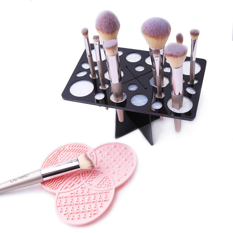 Diolan Makeup Brush Cleaning Mat & Drying Rack - 28 Holes Brush Holder, Silicone Rubber Clover Shaped Mat Cleaner - Black & Pink