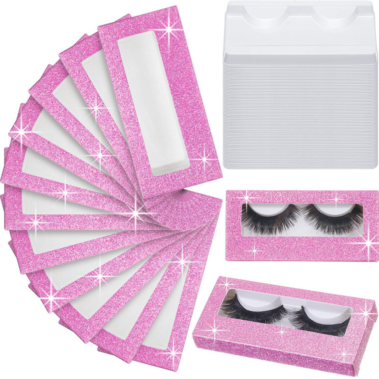 Maitys 100 Pieces Empty Eyelash Case Set, 50 Empty Eyelash Boxes and 50 Storage Trays Bulk Glitter Packaging Boxes for Travel Carry(Pink)