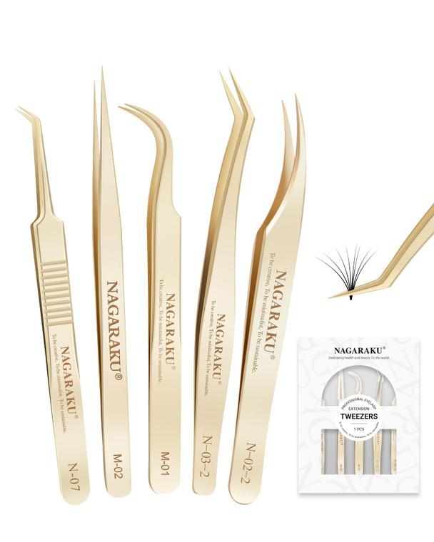 NAGARAKU 5 PCS Tweezers for Eyelash Extensions Straight and Curved Precision Professional Tweezer for Lash Extensions Volume Easy Fanning lash Precis