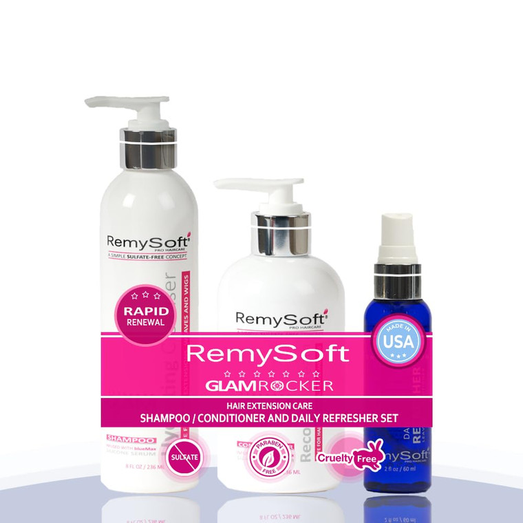 RemySoft Glam Rocker Rapid Renewal System - Safe for Hair Extensions, Weaves and Wigs - Salon Formula Shampoo, Conditioner & Leave-In Conditioner - G