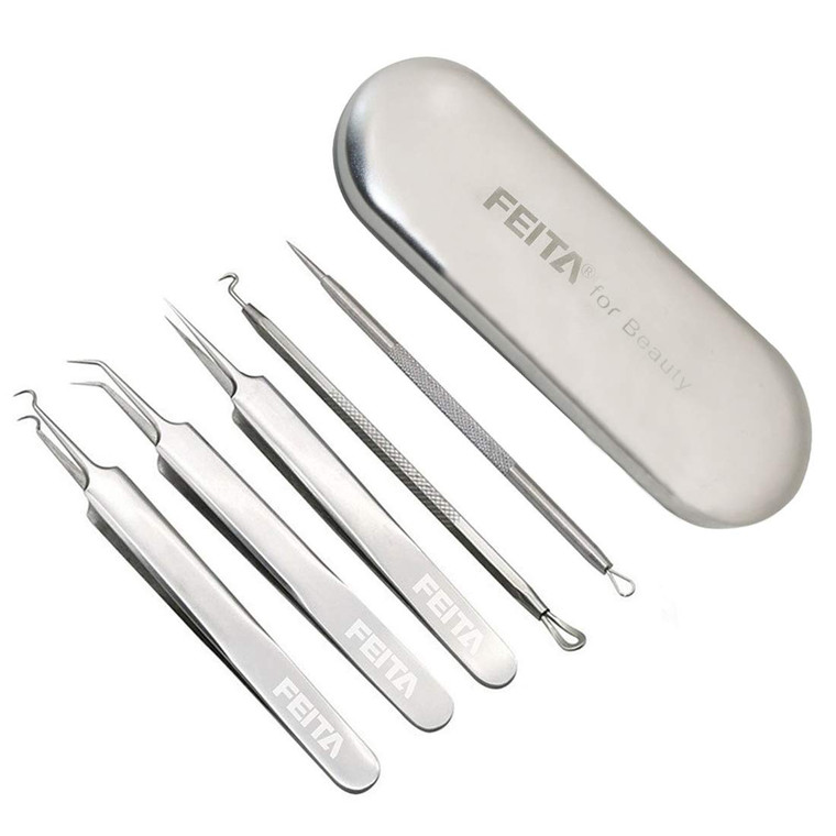 Blackhead Remover Kit - FEITA Blackhead Tweezers Removal Tool Kit Set - Acne Tweezers Pimple Comedone Extractor with Travel Case (5 Pcs)