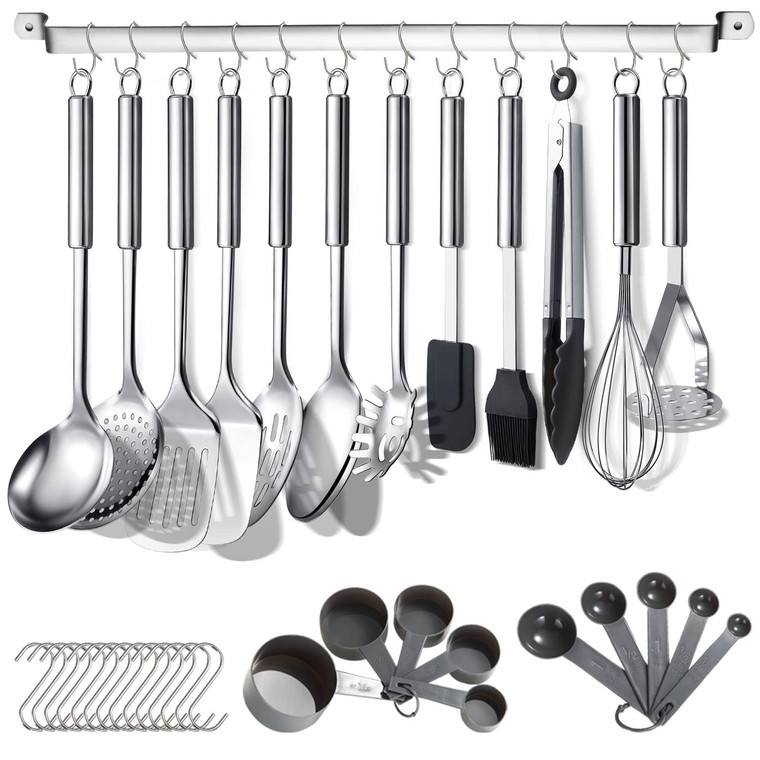 Berglander Kitchen Utensils Set 38 Pieces, Stainless Steel Cooking Utensils Set, Kitchen Gadgets Cookware, Kitchen Tool Set with Utensil Holder Rack