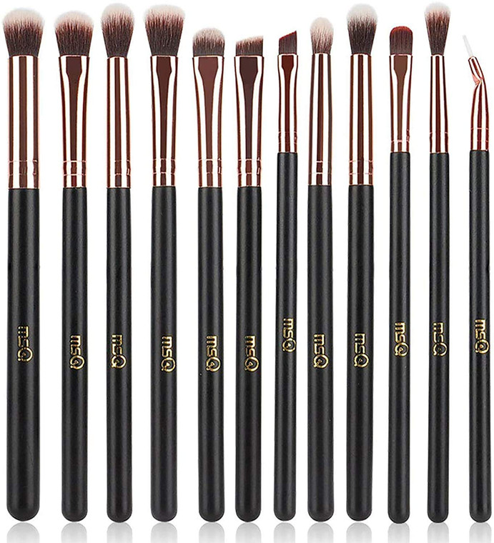 MSQ Eye Makeup Brushes 12pcs Rose Gold Eyeshadow Makeup Brushes Set with Soft Synthetic Hairs & Real Wood Handle for Eyeshadow, Eyebrow, Eyeliner, Bl