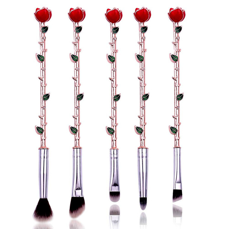 Rose Eye Makeup Brush Set - 5pcs Wand Makeup Brushes with Soft Synthetic Fiber and Metallic Handle for Eyebrow, Eyeshadow, Foundation, Blending and L