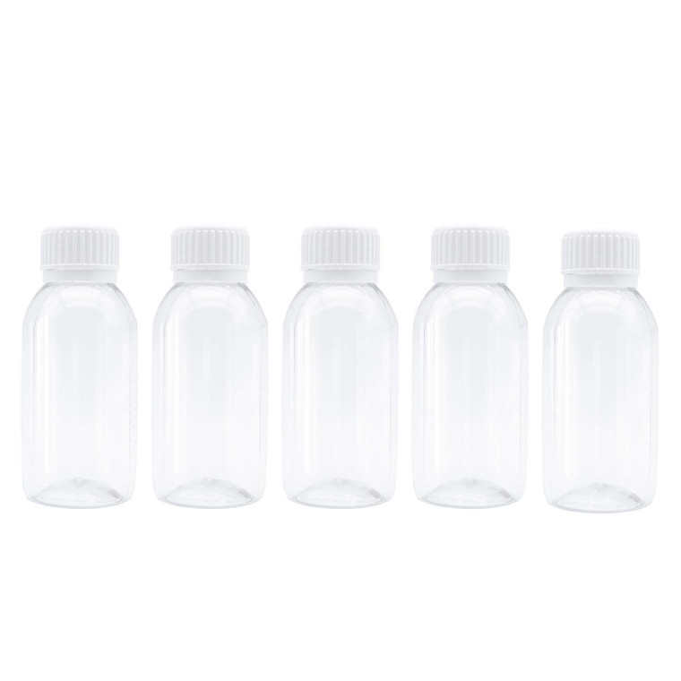 TRENDBOX Pack of 5-100ml Clear Empty PET Mini Storage 100ml/100g/100cc Bottles Hard Plastic Durable Turn Screw Cover Cap Round Filling Liquid Rhinest