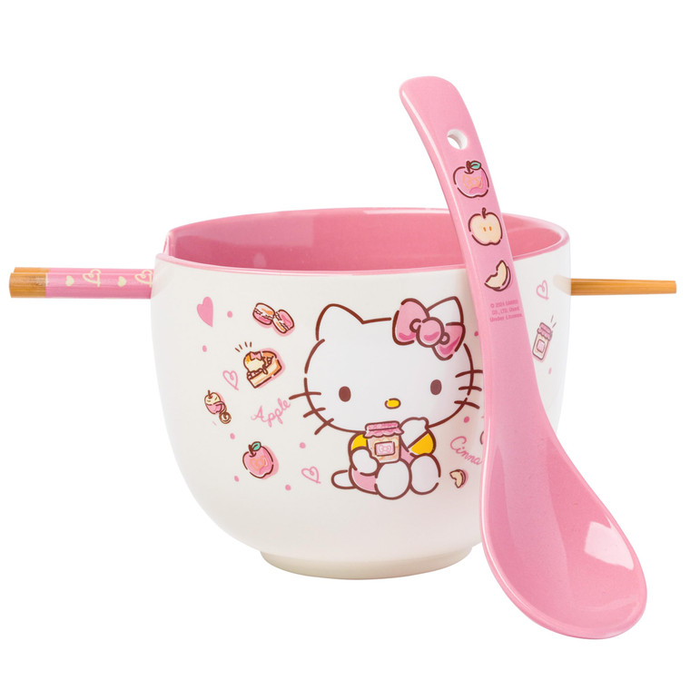 Silver Buffalo Sanrio Hello Kitty Apples and Cinnamon Ceramic Ramen Noodle Rice Bowl with Chopsticks and Spoon, Microwave Safe, 20 Ounces