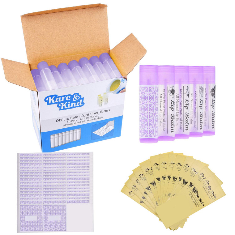 Lip Balm Container Tubes - 50-Pack - DIY - Purple - 3/16 Oz (5.5 ml) - Including 50 Writeable (Purple) & 50 Printed Lip Balm Stickers - Twist Mechani