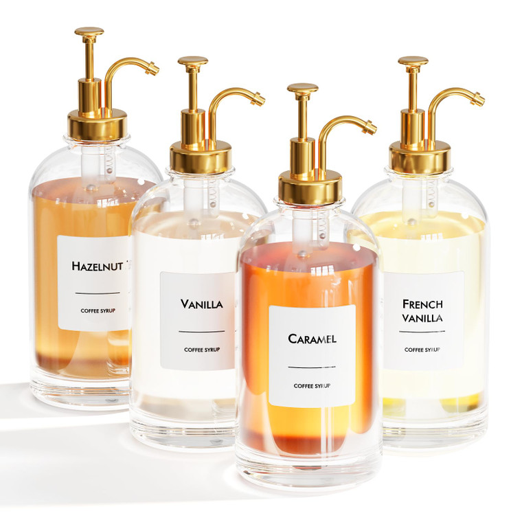 16.9 oz (500 ml) Coffee Syrup Dispenser Set- 4 Glass Bottles with Gold Pumper and Syrup Labels - Precise Dispensing and Stylish Addition to Coffee Sh