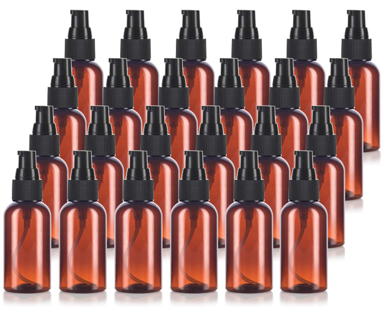JUVITUS 2 oz Amber Boston Round Plastic Bottles (BPA Free) with Black Treatment Pump (24 Pack)
