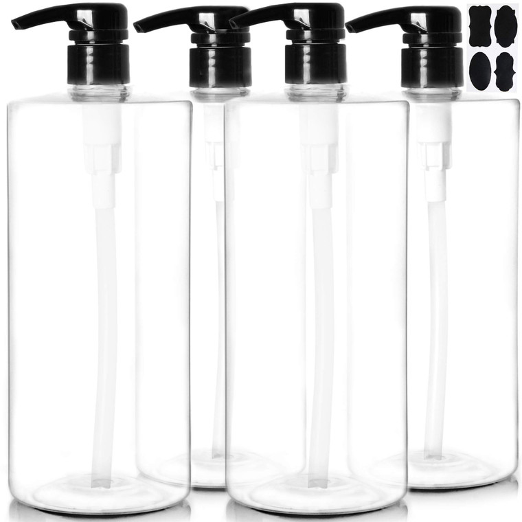 Youngever 4 Pack Pump Bottles for Shampoo 32 Ounce (1 Liter), Empty Shampoo Pump Bottles, Plastic Cylinder with Lockdown-Leak Proof-Pumps (Black Pump