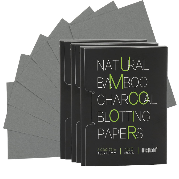 Mirucoo 300 Count Natural Bamboo Charcoal Blotting Papers Organic Facial Oil Absorbing Sheets for Oily Skin Care Daily Oil Control Linen Tissues (100