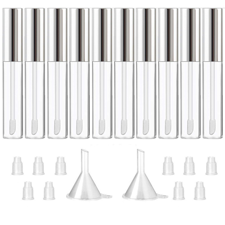GTHER 10PCS 10ML Empty Lip Gloss Containers Tube with Wand, Refillable Lip Balm Bottles, Lipstick Sample Container and Funnel and Rubber Stoppers for