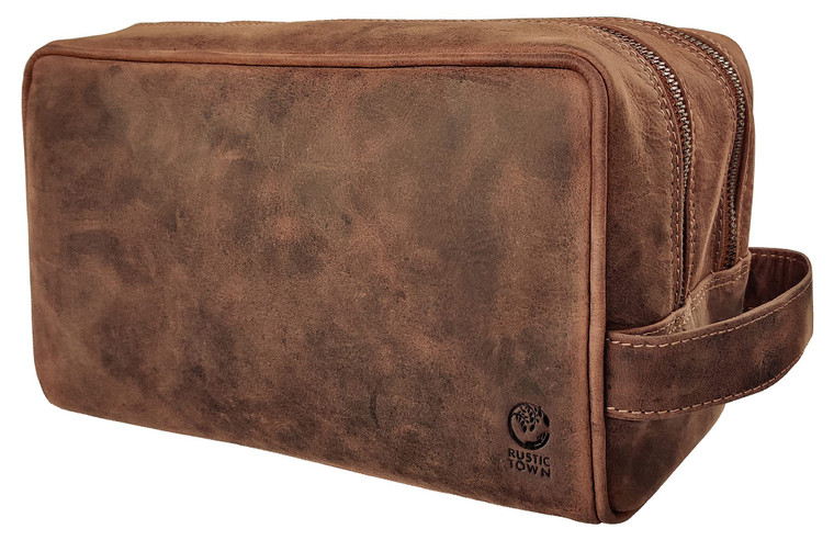 RUSTIC TOWN Full Grain Leather Travel Toiletry Bag - Cosmetic Makeup Kit Organizer (Brown)