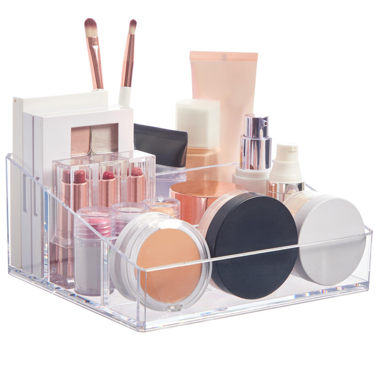 STORi Clear Plastic Small Countertop Vanity Makeup Organizer, Compact Rectangular 4-Compartment Holder for Brushes, Eyeshadow Palettes, & Beauty Supp