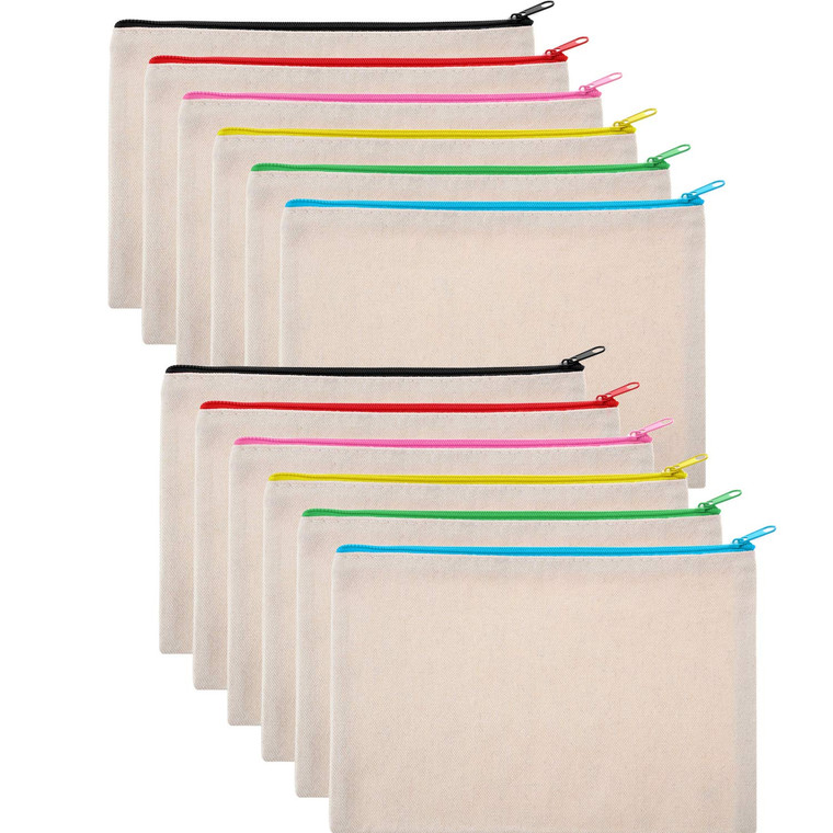 Gejoy 12 Pieces Multipurpose Canvas Cosmetic Bag Makeup Pouches with Zipper Canvas Bag Blank Makeup Bag Pouch Travel Toiletry Bag for Women DIY