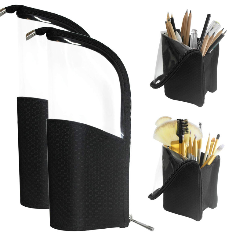 ANEMEL Black Travel Makeup Brush Holder 2-Pack, Organizer Bag Clear Plastic Cosmetic Zipper Pouch Portable Waterproof Dust-Free Stand-Up Small Toilet
