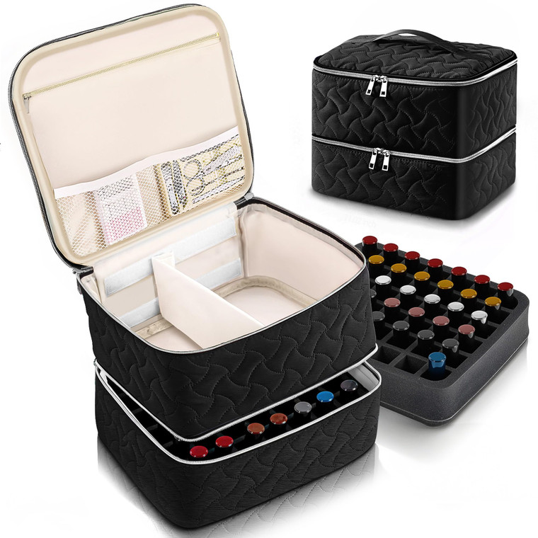 DreamGenius Nail Polish Organizer Case Holds 42 Bottles, Portable Double-Layer Nail Polish Storage Bag with Adjustable Dividers for Manicure Tools, B