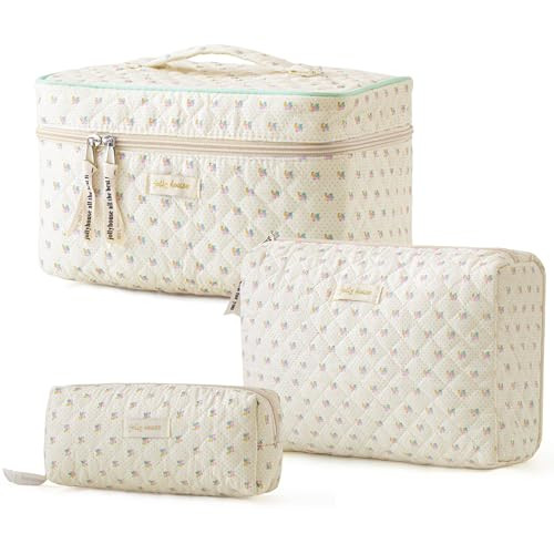HBselect Quilted Makeup Bag, 3PCS Cotton Large Travel Makeup Bag, Cute Floral Coquette Make up Bag Cosmetic Bag Toiletry Bag for Women Girls