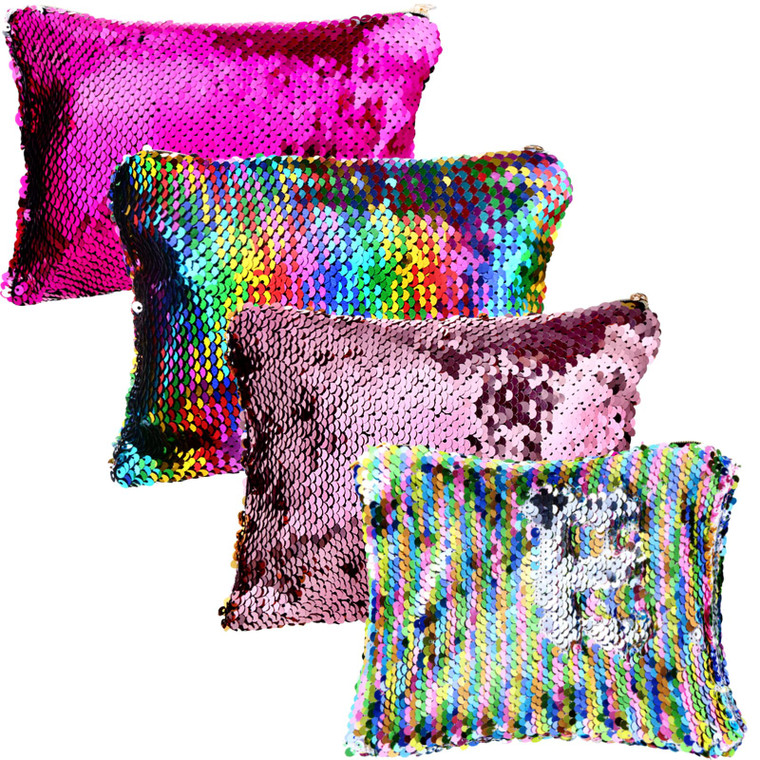 Tatuo 4 Pcs Sequin Makeup Bag Christmas Glitter Sequin Purse Rainbow Iridescent Make up Bag Small Reversible Cosmetics Pouch for Women Teacher Gradua