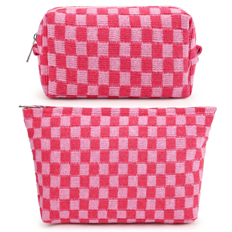 SOIDRAM 2 Pieces Makeup Bag Large Checkered Cosmetic Bag Capacity Canvas Mix Travel Toiletry Bag Organizer Cute Makeup Brushes Aesthetic Accessories