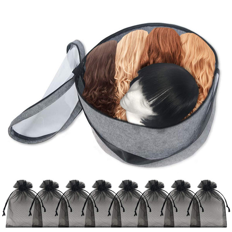 TreeHouse London XL Breathable Felt Wig Storage Travel Case & Yarn Storage Bag, Collapsible Container & Lid, 11" High, Wig Holder Case for Men & Wome