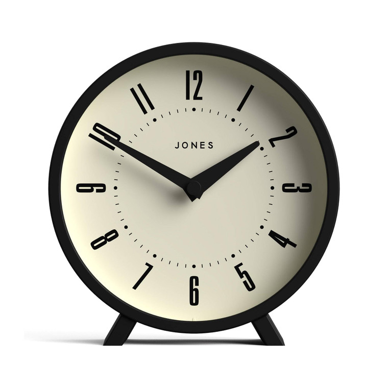JONES CLOCKS® Venus Desk Clock | Modern Round Design | Black | Stylish Retro Look for Shelf, Table, Mantel or Bedside