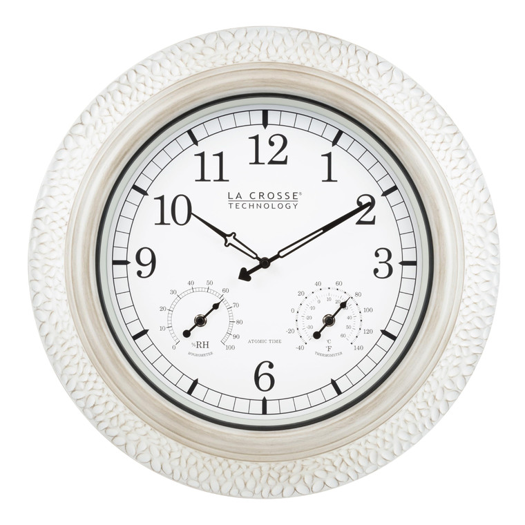 La Crosse Technology 433-29917-INT 21" Indoor/Outdoor Atomic Analog White-Washed Hammered Metal Wall Clock