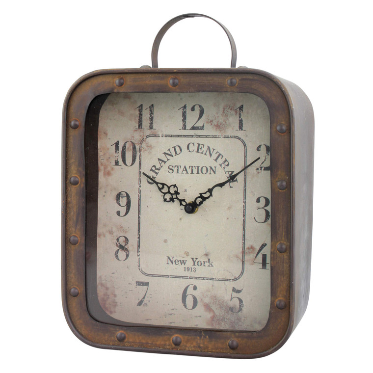 Stonebriar Large Square Rustic Metal Table Top Clock with Handle and Rivet Detail, Industrial Home Decor Accents for the Mantel, Shelf, Desk, or Any