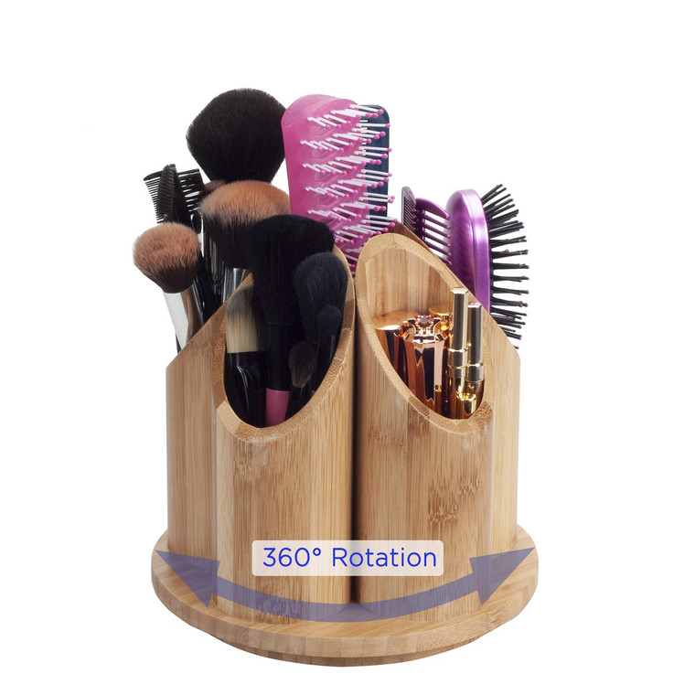 MobileVision Bamboo Circular Rotating Makeup Organizer, 5 Sections for Cosmetic Brushes, Lipsticks, Eye Liners, Accessories, Beauty Products & More
