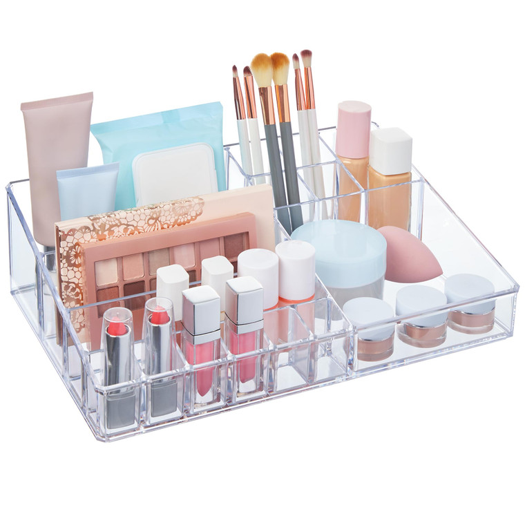 STORi Audrey Clear Vanity Makeup Organizer | 15-Compartment Holder for Brushes, Eyeshadow Palettes, & Beauty Supplies | Stacks on Audrey Storage Draw