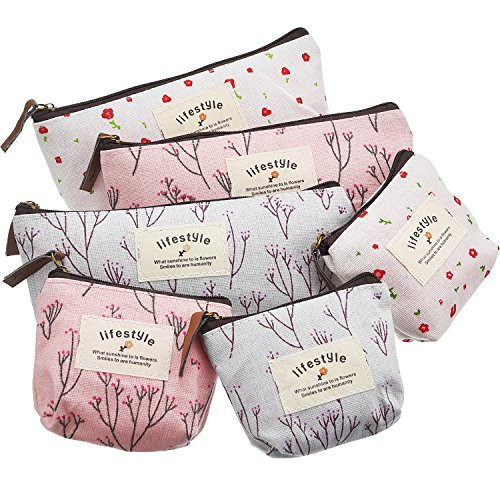 TecUnite Pack of 6 Pencil Case Countryside Flower Cosmetic Makeup Bag Cute Floral Canvas Zipper Pencil Pen Cases Multifunctional Fabric Cosmetic Make