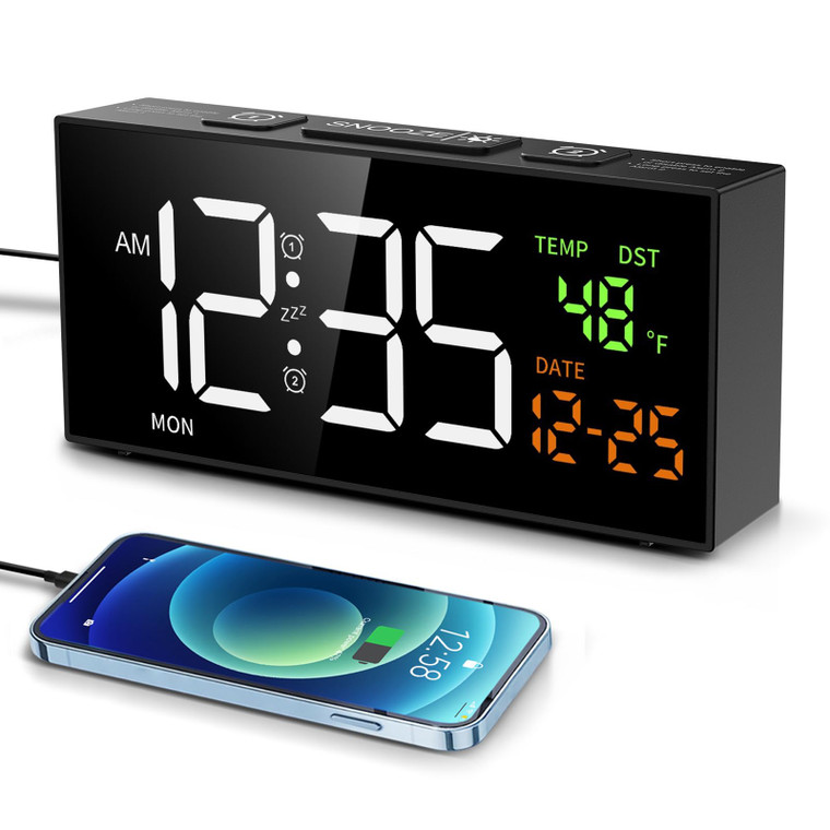 Netzu Alarm Clocks for Bedrooms, Digital Clock with Date Temperature and Weekday, Manual DST, Snooze, 2 Alarms, 4 Volumes for Living Room Home Bedsid