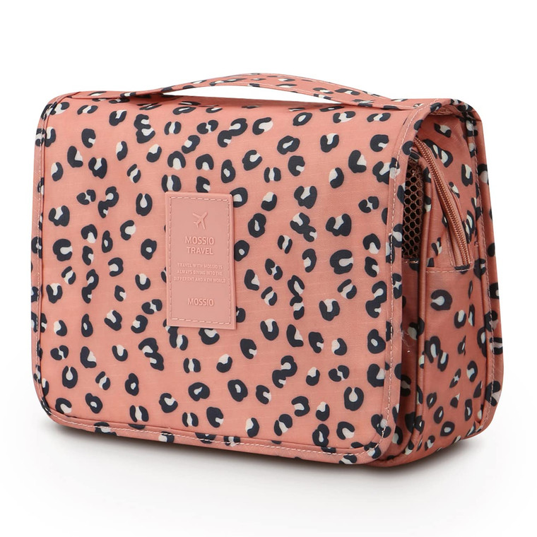Mossio Hanging Toiletry Bag - Large Cosmetic Makeup Travel Organizer for Men & Women with Sturdy Hook (Pink Leopard)