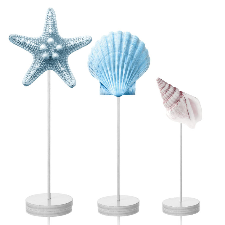 Gerrii 3 Pcs Sea Wooden Table Decor Coastal Starfish Seashell Conch Decor Ocean Beach Centerpieces Nautical Standing Themed Block Decoration for Summ