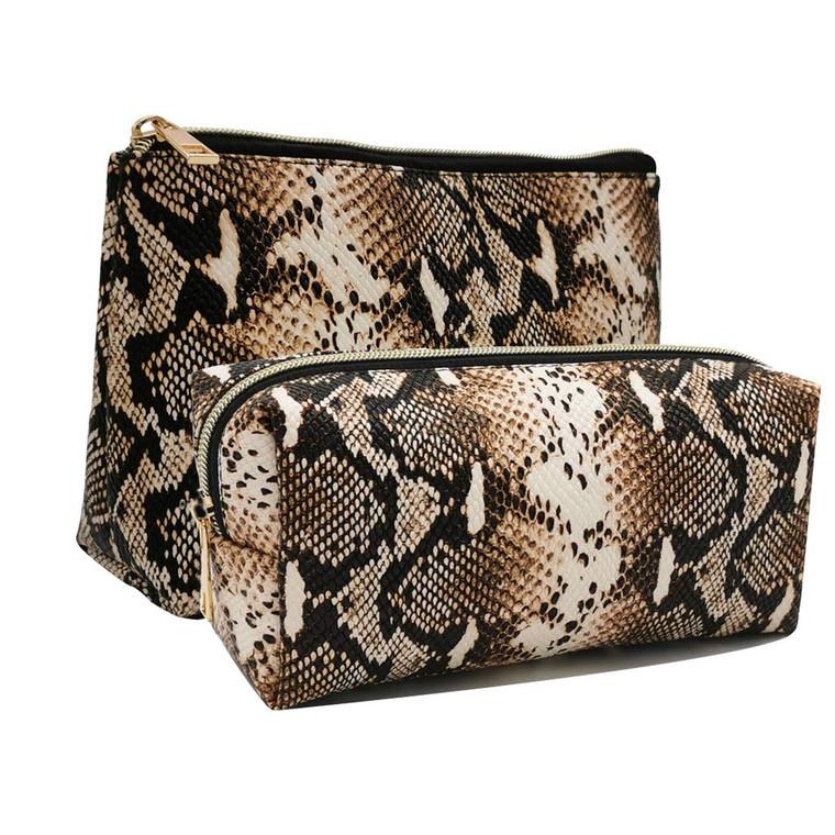 FITINI 2 Pack Makeup Bag Organizer Set Portable Large Cosmetic Pouch Travel Brush Holder PU Handbag with Gold Zipper Storage Case for Women Purse,Sna