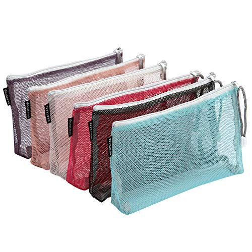 Sea Team 6pcs Multicolored Portable Travel Toiletry Pouch Nylon Mesh Cosmetic Makeup Organizer Bag with Zipper, Colorful