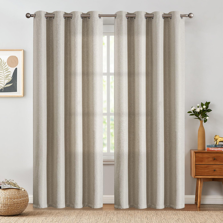 jinchan Linen Textured Curtains for Living Room Darkening Bedroom Curtain 84 Inch Long Beige Single Curtain Panel Thermal Insulated Light Blocking Wi
