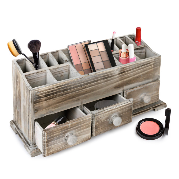 Besti Rustic Vanity Organizer for Cosmetics, Makeup, and Bathroom Accessories, Wooden Farmhouse Storage Box with 3 Drawers, Vintage Countertop, Dress