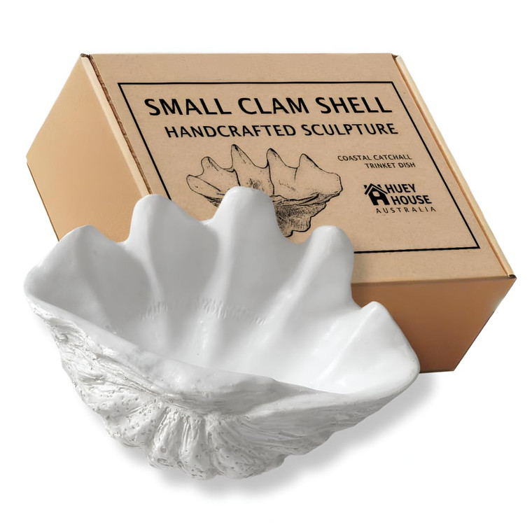 Huey House Small Clam Shell Sculpture Replica, 8.75" L x 5.6" W x 4.33" H, Handcrafted White Resin Seashell for Coastal Home Décor, or Trinket Dish f
