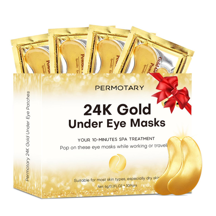 Permotary 30 Pairs Gel Crystal Collagen Under Eye Patches, 24K Gold Eye Mask for Moisturizing Skin, Lighten Dark Circles, Reduce Wrinkles & Puffiness