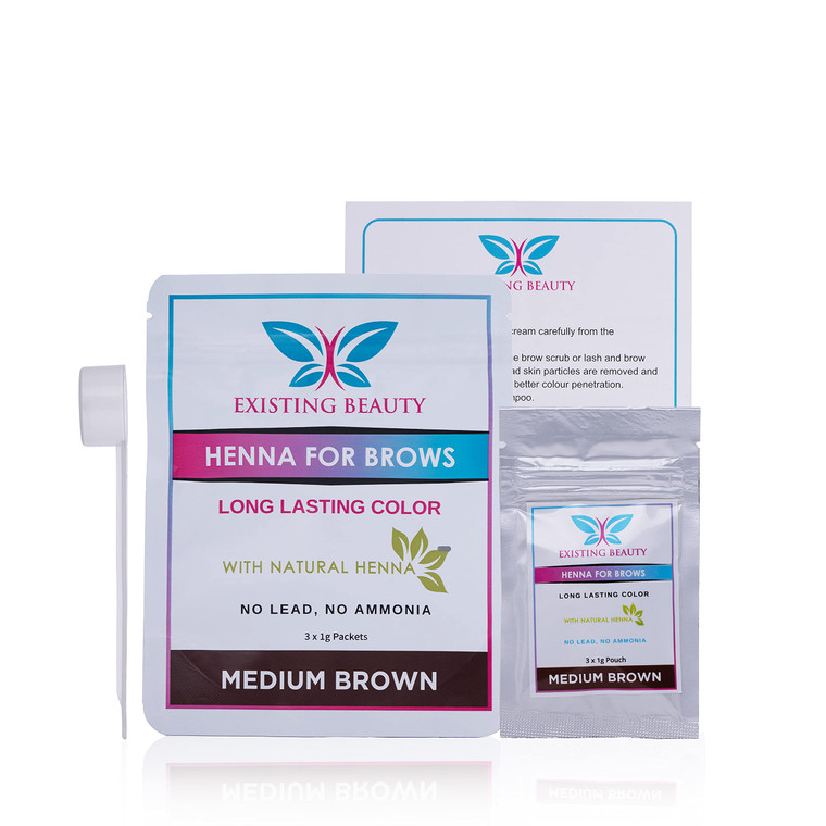 Medium Brown Eyebrow Henna Tint for Eyebrow Color- Professional Henna Brow Kit Including Use Instructions and Mixing Bowl 3x 1g Packets Brow Dye by E