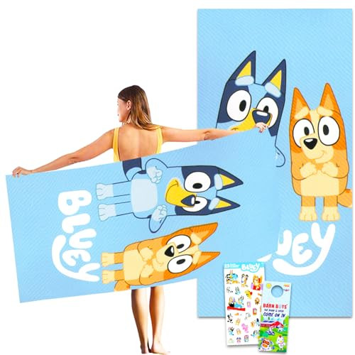 Disney Bluey Towel Set for Kids - Bundle with 27x54 Bluey Towel, Stickers and More (Bluey and Bingo Pool and Bathroom Set)