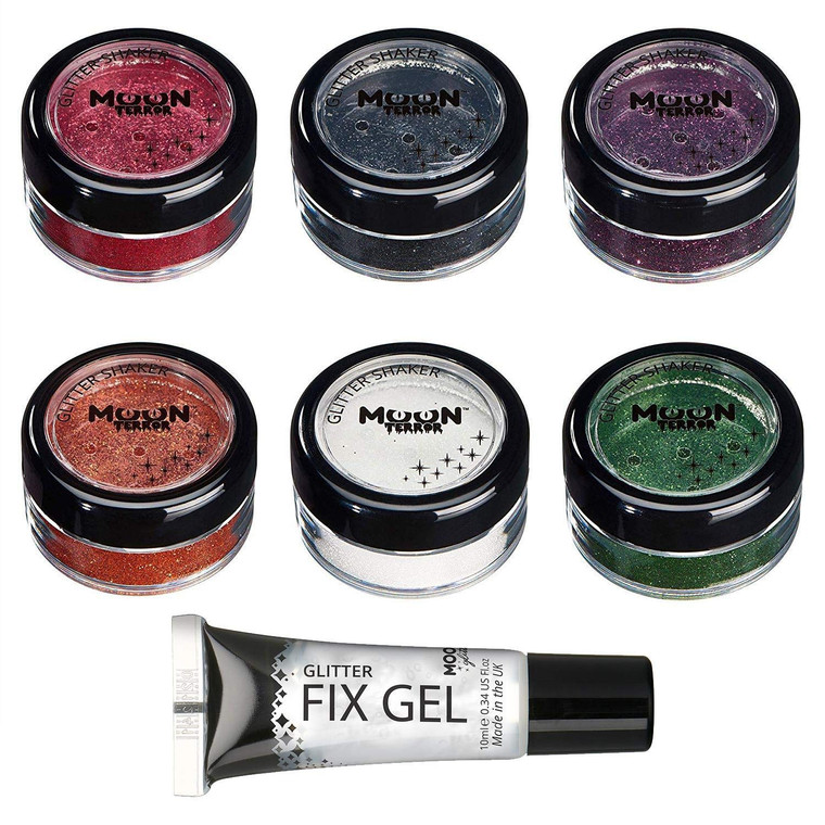 Halloween Glitter Shakers by Moon Terror - Set of 6 - SFX Make up, Festival Glitter for Face Body Hair, Special Effects Make up - 0.17g