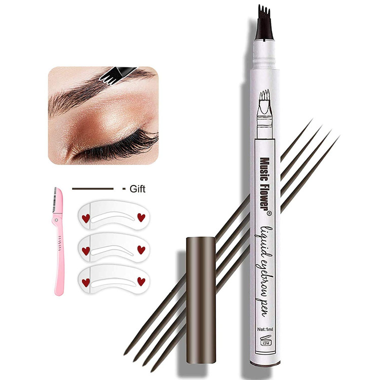 Microblading Eyebrow Pen - 4 Point Eyebrow Pencil for Women, Create Natural Hair-Like, Last All-Day Makeup Kits with 3 Eyebrow Stencils,1 Brow Razor(
