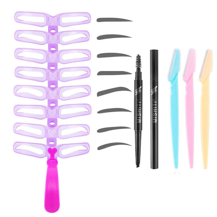 12 PCS Eyebrow Stencils - Eyebrows Shape Reusable with Eyebrow Razors and Pencil, Eye Brow Shaping Template Stamp Kit with Handle and Strap Washable